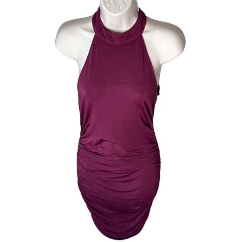 Krisa Ruched Halter Bodycon Mini Dress In Burgundy NWT Size Small
